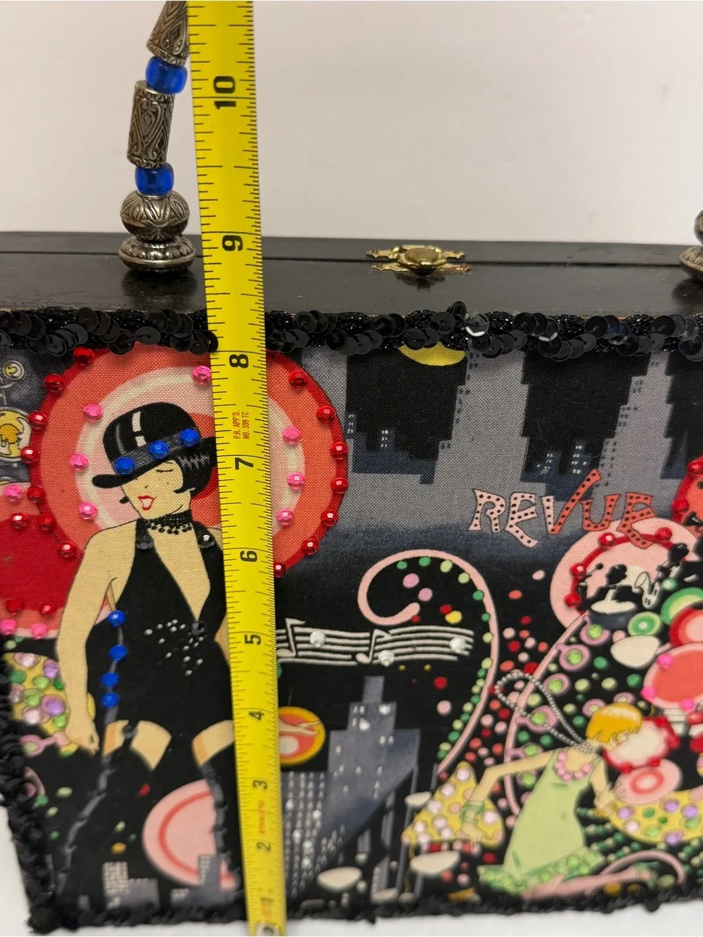 Vintage-Inspired Black cigar box Graphic Beaded Handle Box Bag